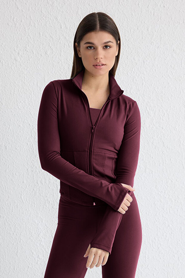 Bordo Fırçalı Soft Kumaş Baş Parmak Delikli Örme Spor Ceket/Sweatshirt THMAW25SK00001 - 1