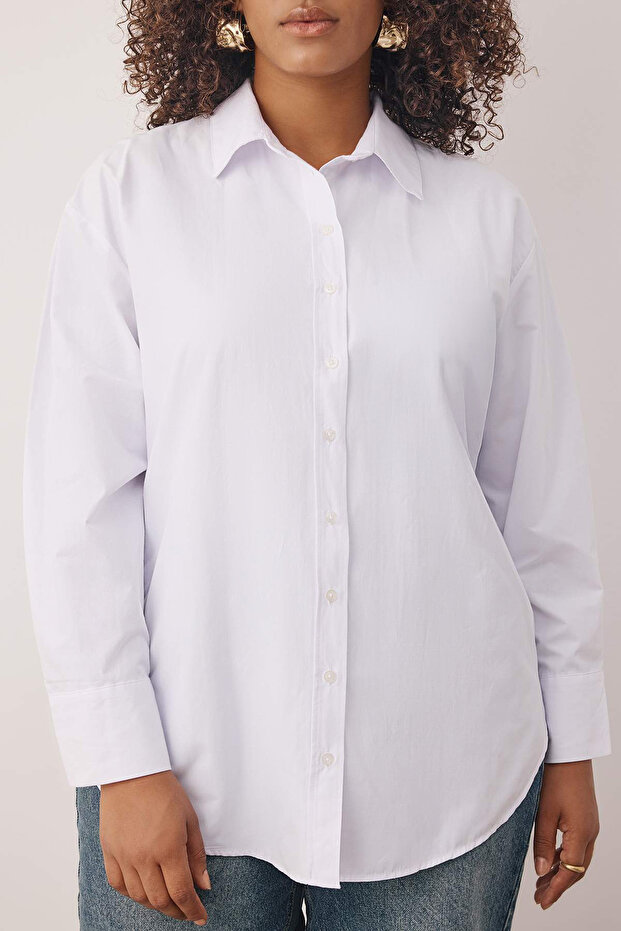 Beyaz Loose Fit Basic Pamuklu Uzun Kollu Dokuma Büyük Beden Gömlek TBBSS22GO0319 - 2