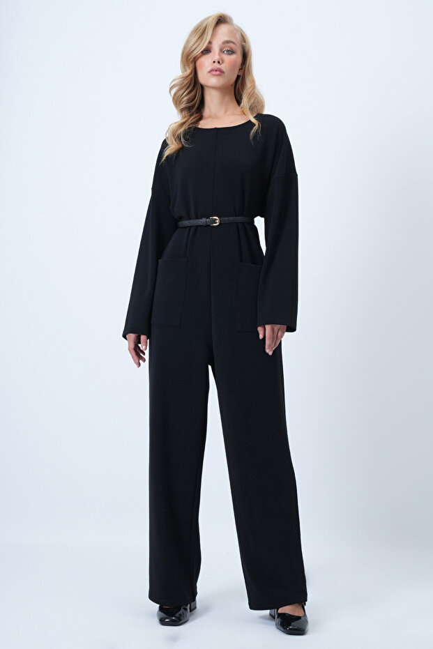 Black Crew Neck Zippered Back Relaxed Fit Jumpsuit Alc-X14554