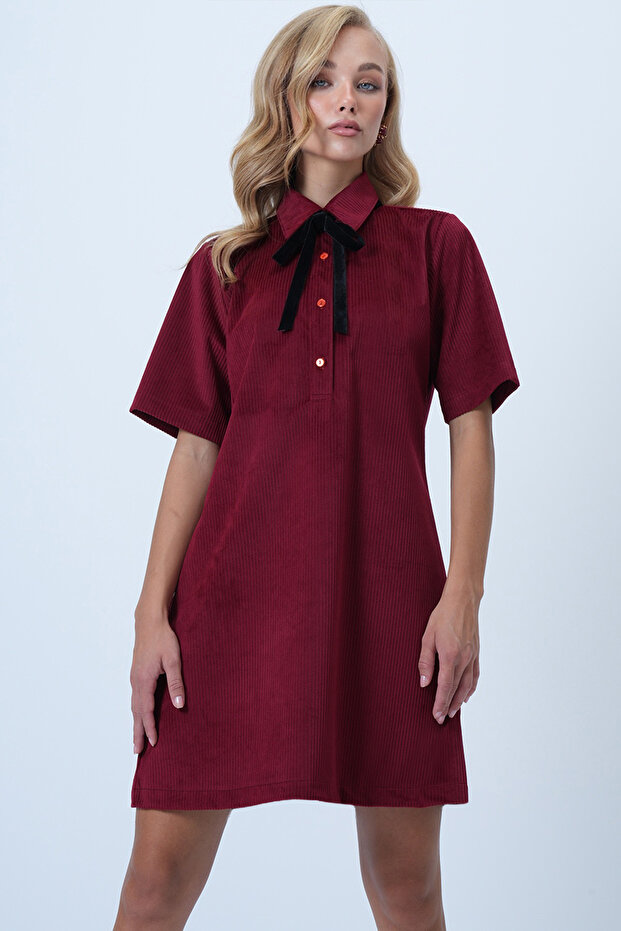 Bordo Polo Yaka Yarım Pat Düğmeli Dokulu Kadife Mini Elbise ALC-X14536 - 4
