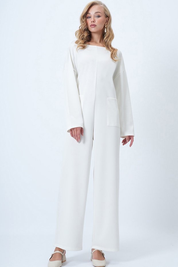 Women's Ecru Crew Neck Zippered Back Casual Cut Jumpsuit Alc-X14554