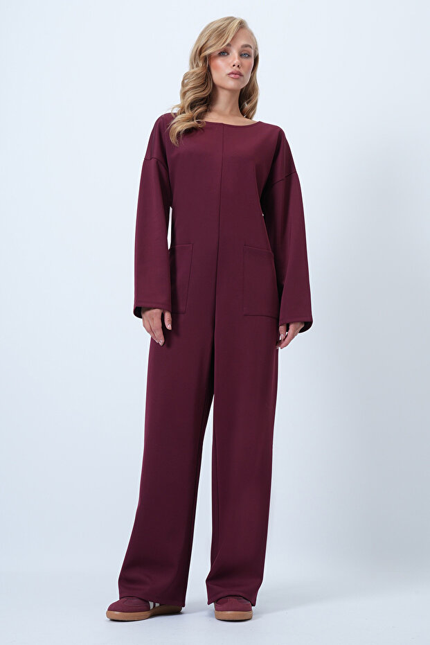 Burgundy Crew Neck Zippered Back Relaxed Fit Jumpsuit Alc-X14554