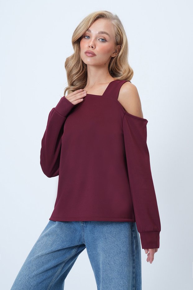 Women's Burgundy Asymmetrical Cut Shoulder Band Detailed Knitted Blouse Alc-X14574