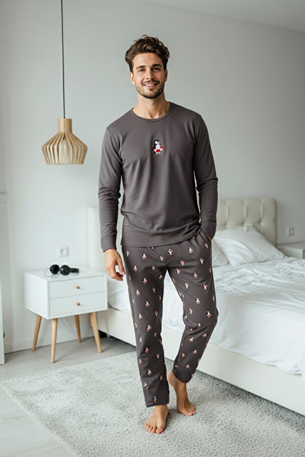 Antrasit Regular Penguen Nakışlı Örme Pijama Takımı TMNAW23PT00157 - 3