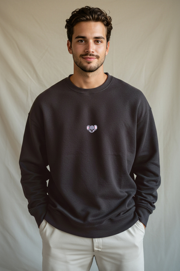 Antrasit Bisiklet Yaka Oversize/Geniş Kesim İçi Polarlı Koala Nakış Sweatshirt TMNAW24SW00064 - 5
