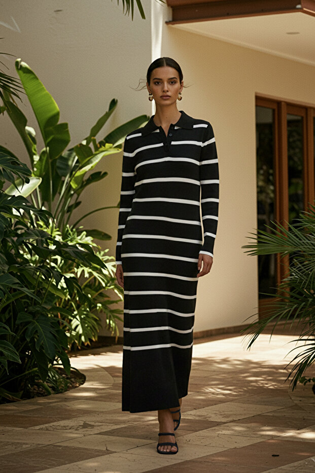 Czarna sukienka polo z dzianiny w paski z guzikami i dekoltem Tctaw22Eb0212 - 1