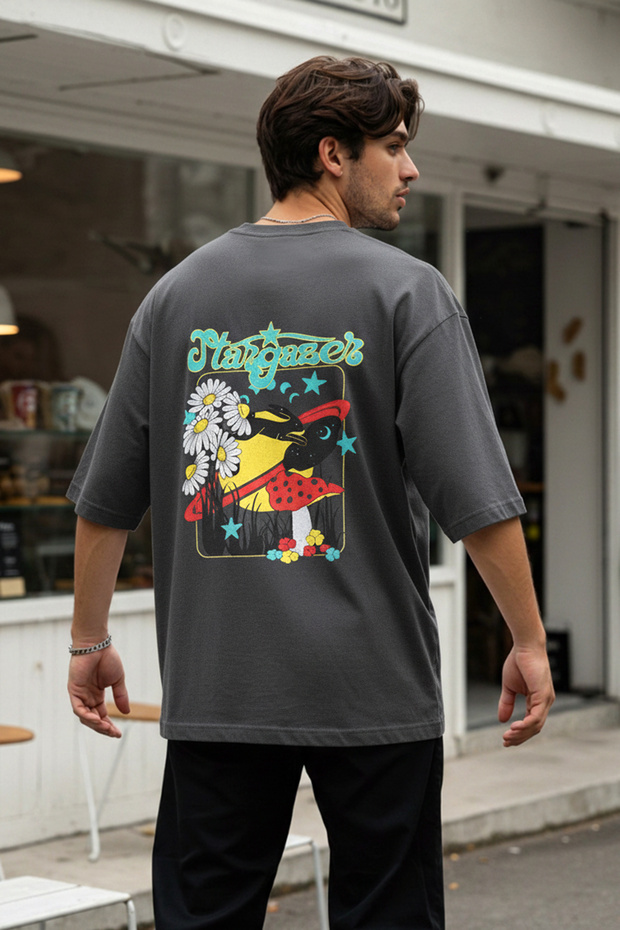 Büyük Beden Antrasit Oversize/Geniş Kesim Soluk Efekt Baskılı %100 Pamuk T-shirt TEDSS25BF00001 - 1
