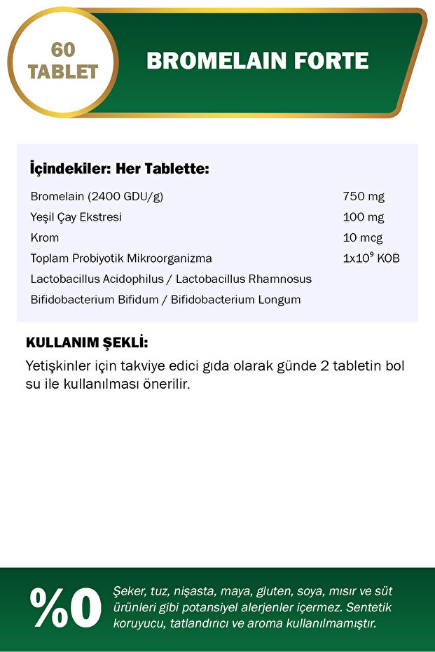 Bromelain Forte 750 mg 60 Tablet Krom Yeşilçay Probiyotik - 3