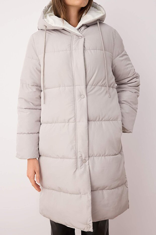 Mink-Stone Dwustronny regularny wzór kaptur wodoodporny długi puchowy płaszcz TWOAW23MO00052 - 3