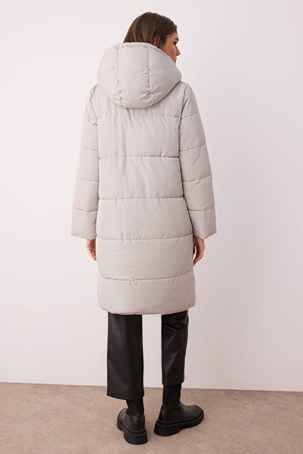 Mink-Stone Dwustronny regularny wzór kaptur wodoodporny długi puchowy płaszcz TWOAW23MO00052 - 4