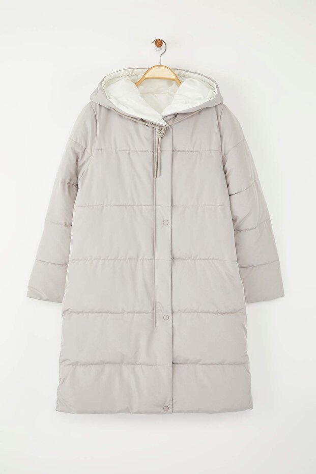 Mink-Stone Dwustronny regularny wzór kaptur wodoodporny długi puchowy płaszcz TWOAW23MO00052 - 7