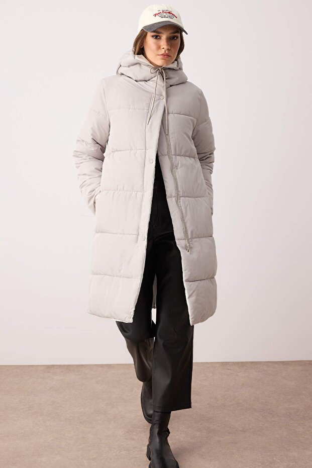 Mink-Stone Dwustronny regularny wzór kaptur wodoodporny długi puchowy płaszcz TWOAW23MO00052 - 1