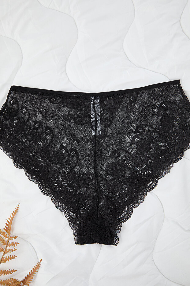 Siyah 3'lü Paket Yumuşak Dantelli Hipster Örme Esnek Büyük Beden Külot TBBAW25CM00008 - 4