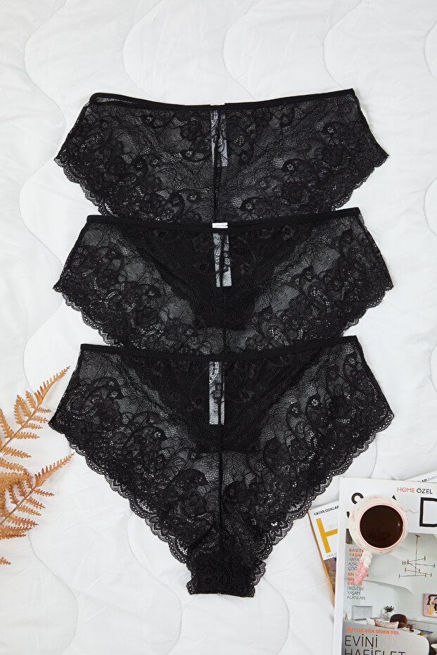 Siyah 3'lü Paket Yumuşak Dantelli Hipster Örme Esnek Büyük Beden Külot TBBAW25CM00008 - 2
