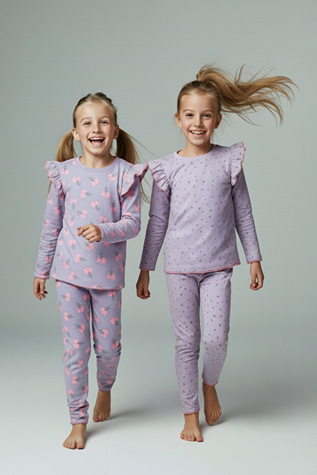 Lila Baskılı 4'lü Örme Regular Kız Çocuk Alt-Üst Pijama Takımı TKDAW26PT00012 - 2