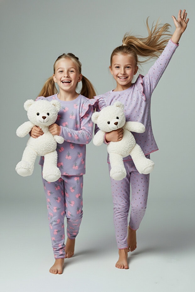 Lila Baskılı 4'lü Örme Regular Kız Çocuk Alt-Üst Pijama Takımı TKDAW26PT00012 - 1