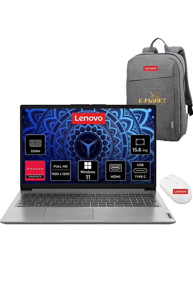 LENOVO AMD Ryzen 5 7520U 16GB 1TB SSD W11PRO 15.6" Taşınabilir Bilgisayar + Çanta ve Mouse