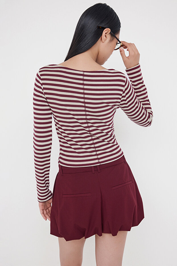 Teen Fitted/Vücuda Oturan Çizgili Bordo Örme Bluz TWOAW26BZ00256 - 4