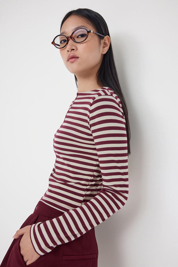 Teen Fitted/Vücuda Oturan Çizgili Bordo Örme Bluz TWOAW26BZ00256 - 1
