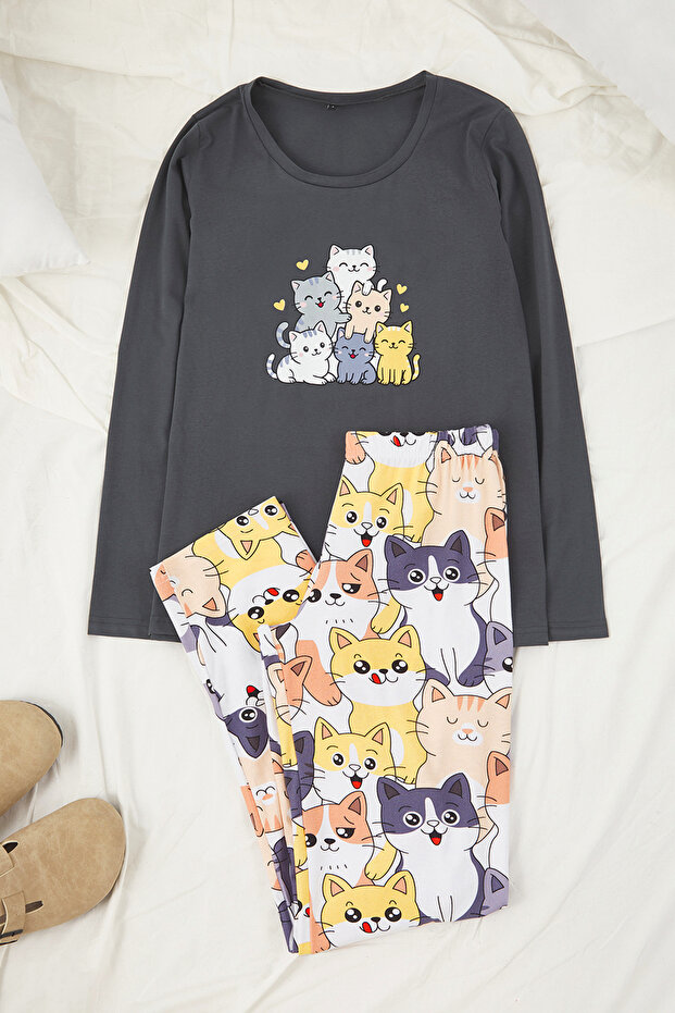 Antrasit Kedi Desenli Pamuklu Likralı Yumuşak Tuşe Örme Pijama Takımı THMAW26PT00167 - 5