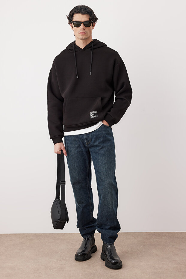 Siyah Oversize/Geniş Kesim Kapüşonlu İçi Polar/Sıcak Tutan Sweatshirt TMNAW21SW2005 - 2