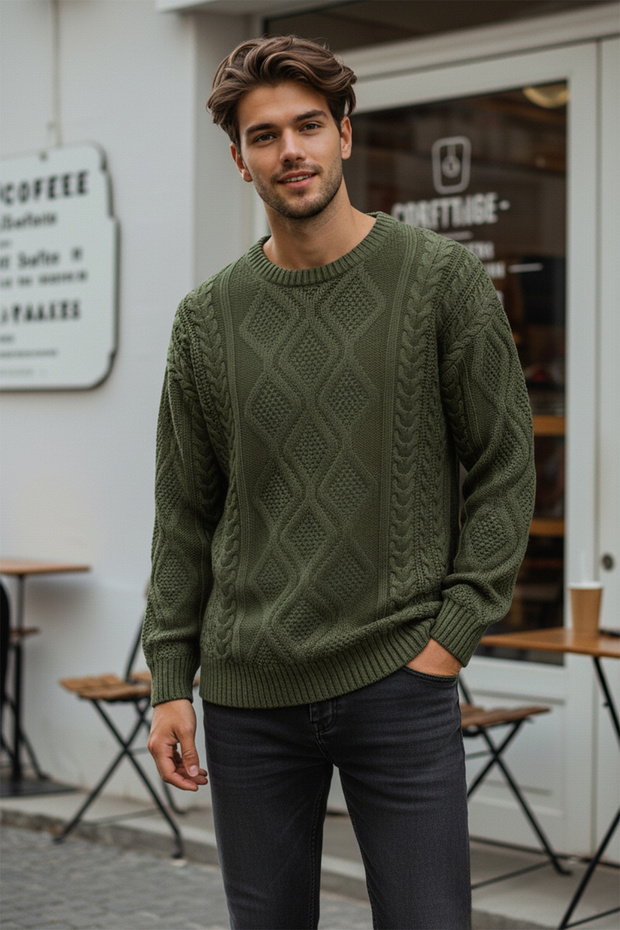 Haki Oversize Bisiklet Yaka Saç Örgü Kazak TMNAW23KZ00280 - 1