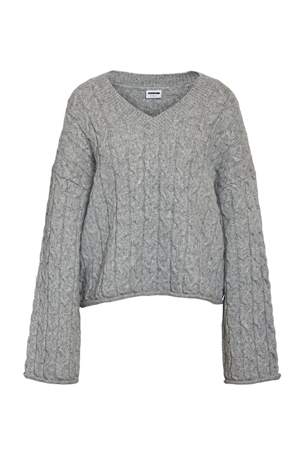 NMELOISE Langarm V-Ausschnitt Zopfmuster Strickpullover - 1
