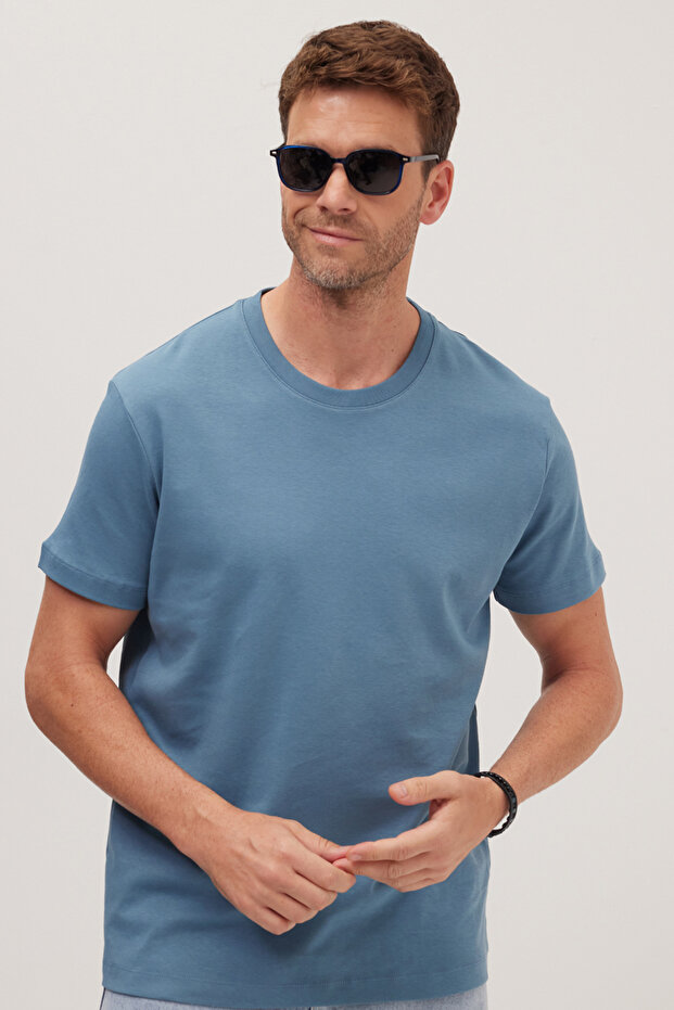 Unisex Relax Fit Relaxed Fit 100% Cotton Soft Textured Lightweight Thick Blue Crew Neck T-Shirt