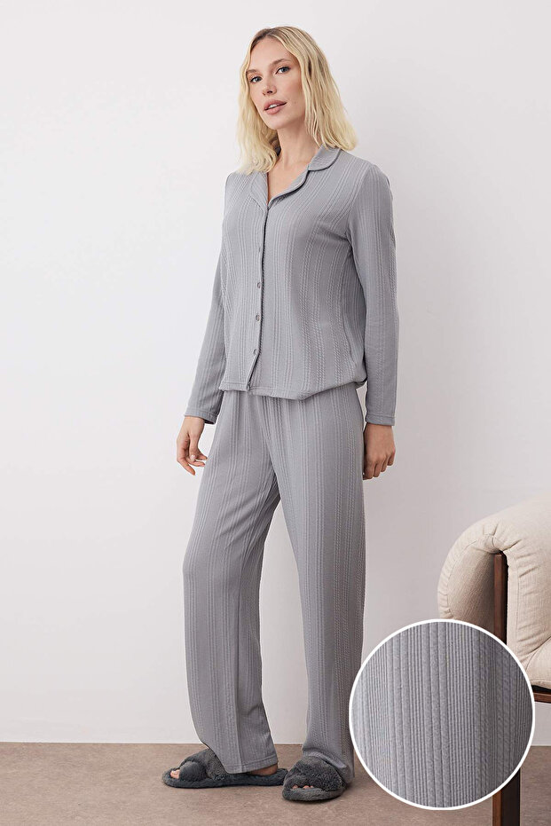 Füme Dokulu Fitilli Yumuşak Tuşe Örme Pijama Takımı THMAW26PT00093 - 1