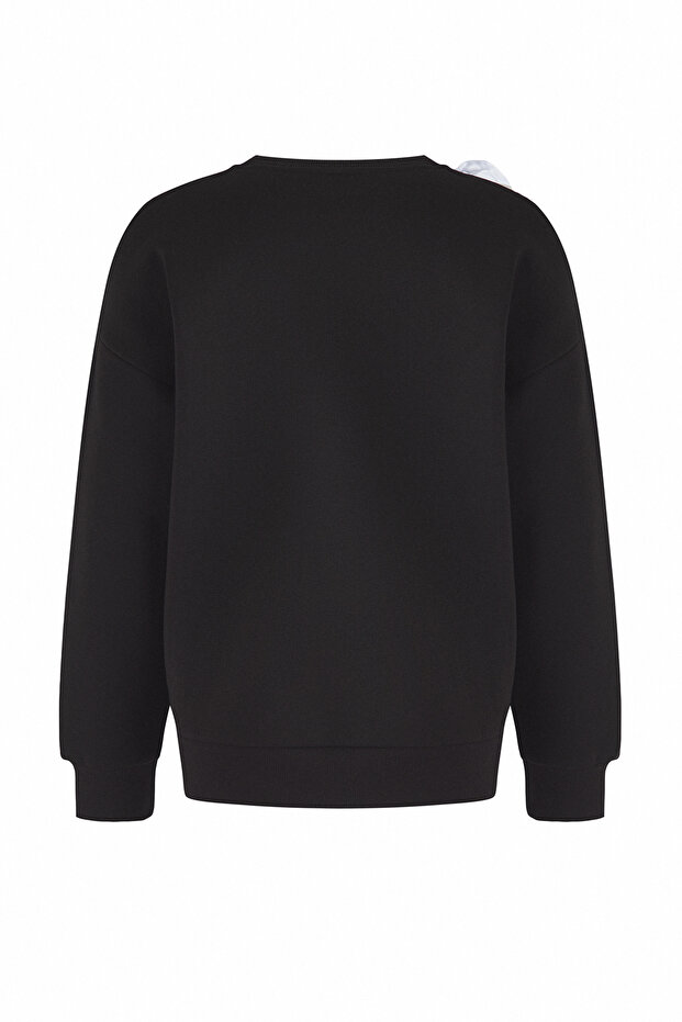 Teen Siyah Açık Omuzlu Slogan Nakışlı Kalın İçi Polarlı Örme Sweatshirt TWOAW26SW00139 - 7