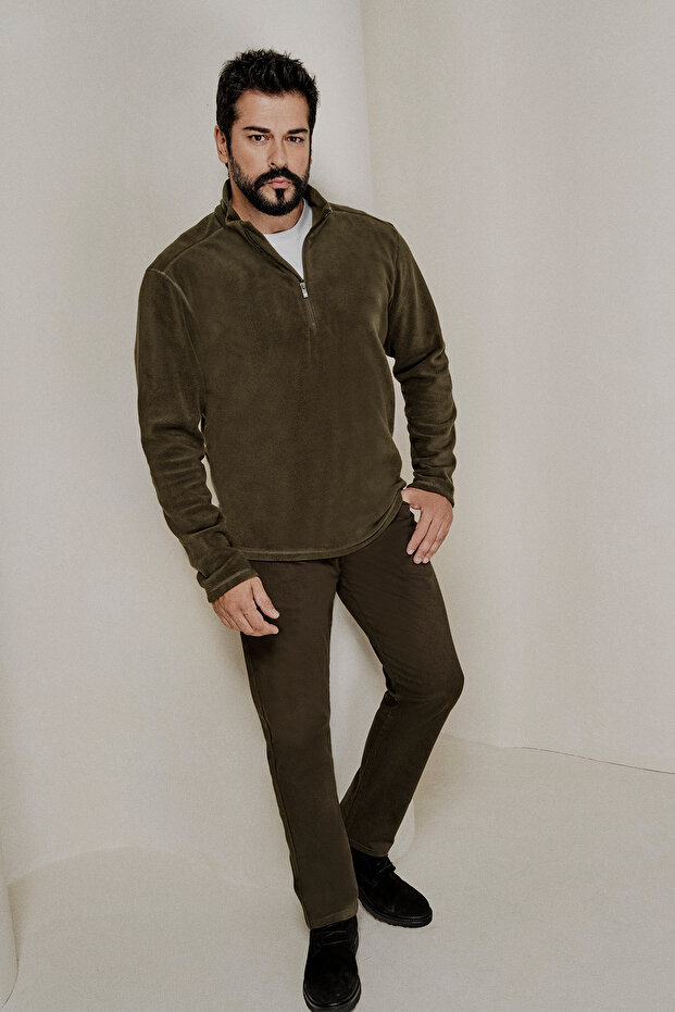 Erkek Haki Anti-pilling Tüylenme Yapmayan Standart Fit Dik Yaka Soğuk Geçirmez Polar Sweatshirt - 11