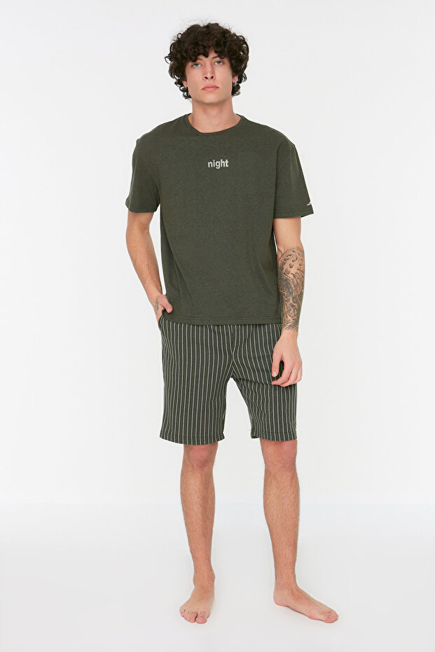 Haki Regular Fit Baskılı Örme Yazlık Şortlu Pijama Takımı THMSS21PT1005 - 3