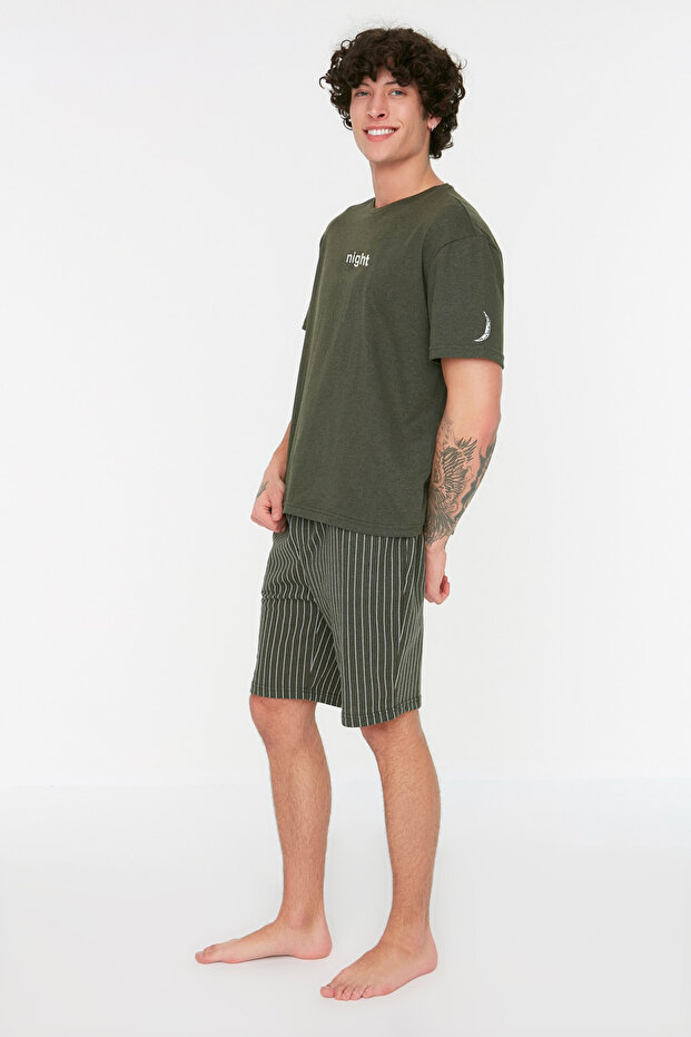 Haki Regular Fit Baskılı Örme Yazlık Şortlu Pijama Takımı THMSS21PT1005 - 2