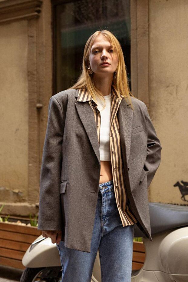 Gri Ekoseli/Kareli Uzun Oversize Dokuma Blazer Ceket TWOAW26CE00084 - 3