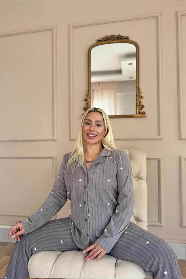 Gray Jantung Patterned Front Buttoned Plush Fleece Pajama Set - 5