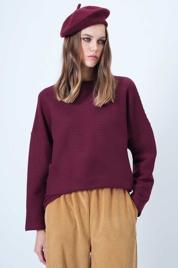 Women's Burgundy Crew Neck Batwing Sleeve Wide Cut Basic Blouse Alc-X14391