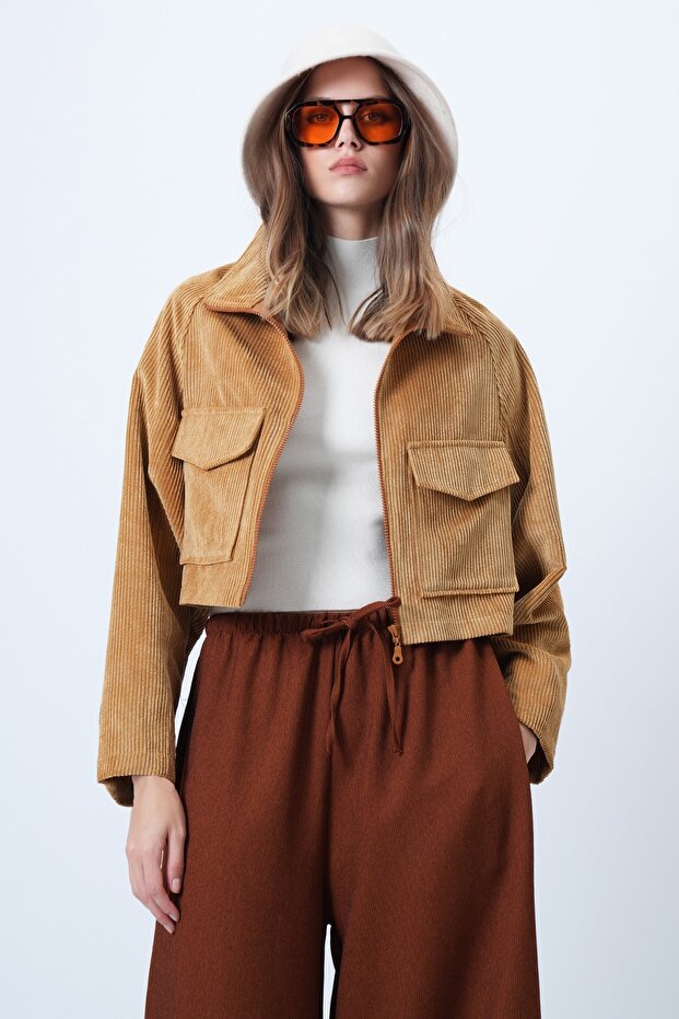 Mustard Double Pocket Raglan Sleeve Velvet Jacket Alc-X14604