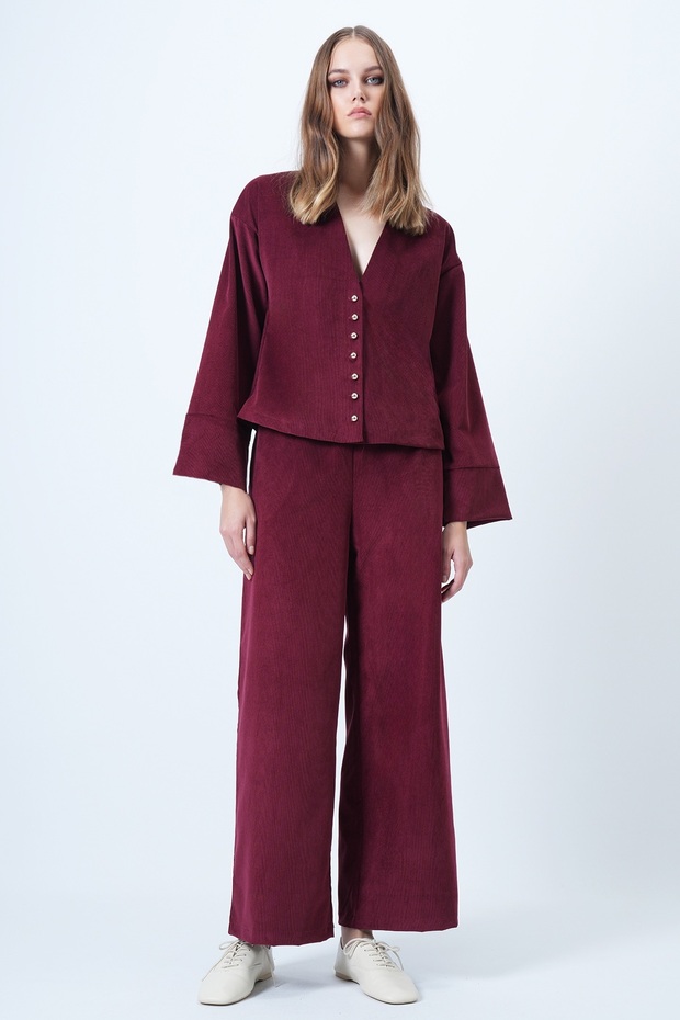 Burgundy Hakim Collar Gold Button Detailed Velvet Jacket and Palazzo Trousers Two-Piece Set Alc-X14633