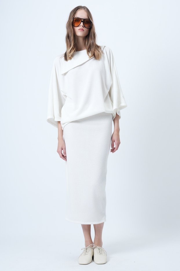 Women's Ecru Collar Design Batwing Sleeve Knitwear Blouse and Pencil Skirt Set Alc-X14625