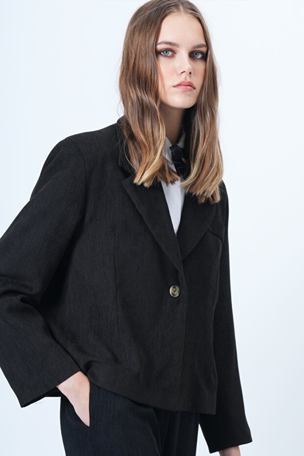Women's Black Single Button Lined Velvet Jacket Alc-X14620
