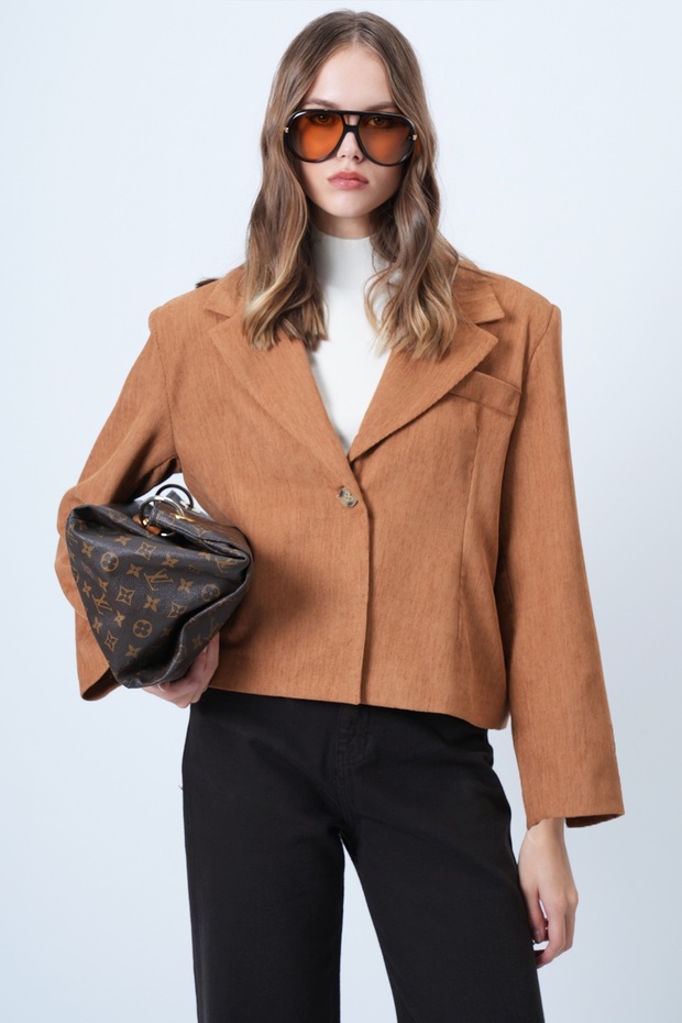 Women's Tan Single Button Lined Velvet Jacket Alc-X14620