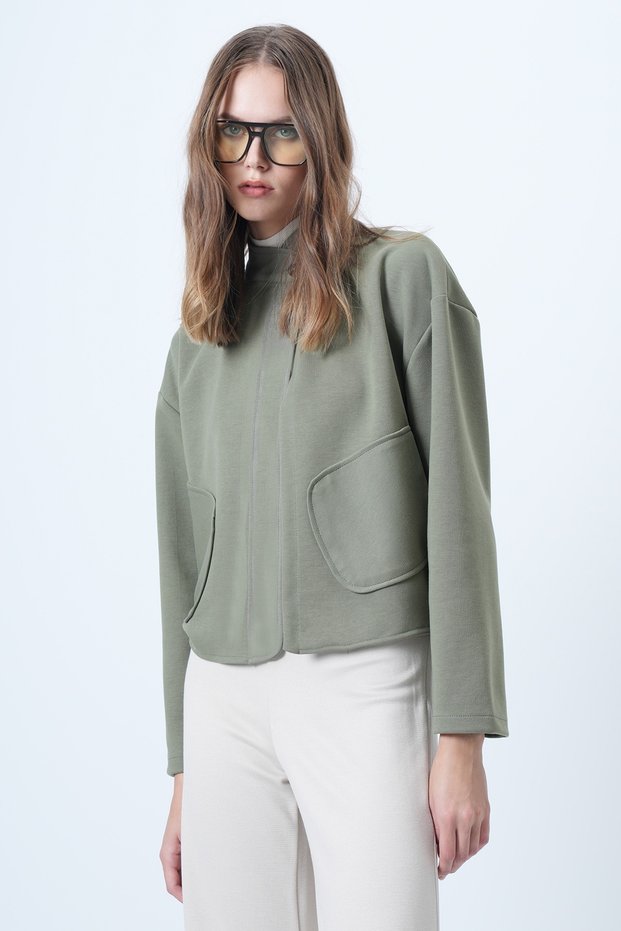 Women's Khaki Hakim Collar Poncho Jacket with Pocket Alc-X14421