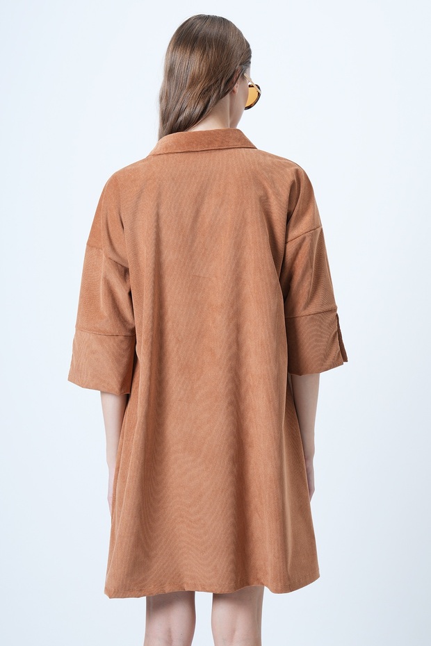 Kadın Taba Polo Yaka Yarım Pat Kendinden Kuşaklı Kadife Elbise ALC-X14619 - 6