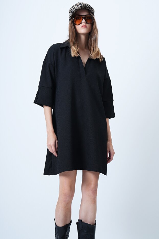 Black Polo Collar Half Placket Self-Belted Velvet Dress Alc-X14619