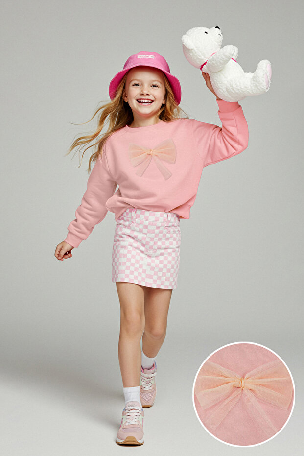 Pudra Pamuklu Fiyonklu Kalın/İçi Polarlı Oversize Örme Kız Çocuk Sweatshirt TKDAW26SW00026 - 1
