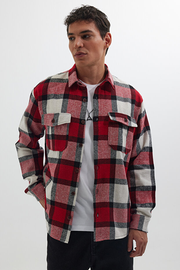 Men's Relax Fit Relax Cut Lumberjack Double Pocket Button Checked Winter Shirt