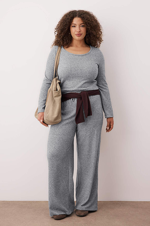 Šedý Yumoş Crop a Wide Leg/Široké nohavice pletený spodní top set TBBAW26CP00005 - 1