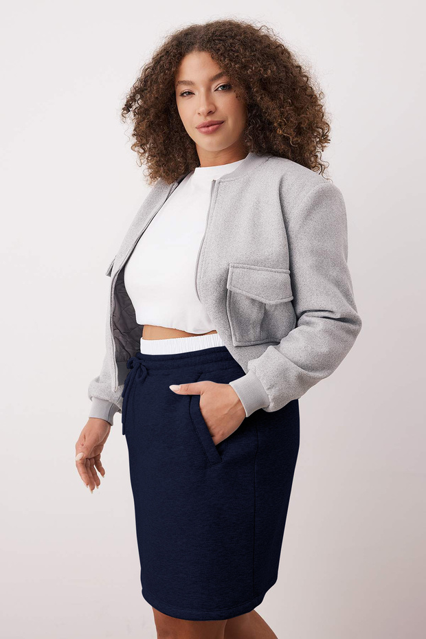 Lacivert Beli Poplin Detaylı Örme Mini Büyük Beden Etek TBBAW26AZ00022 - 2