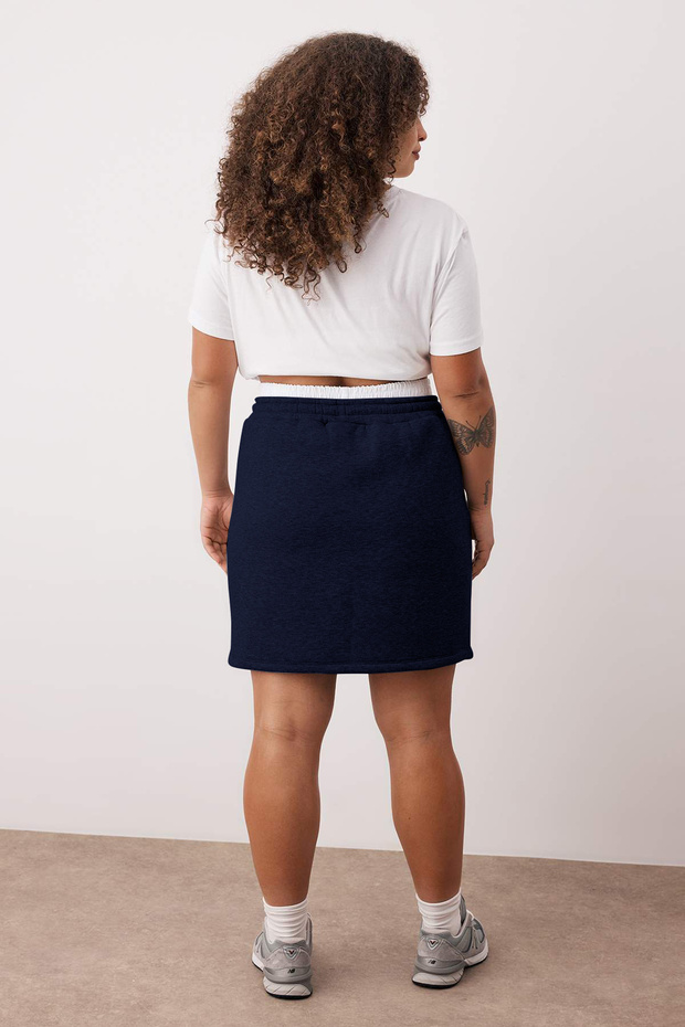 Lacivert Beli Poplin Detaylı Örme Mini Büyük Beden Etek TBBAW26AZ00022 - 4