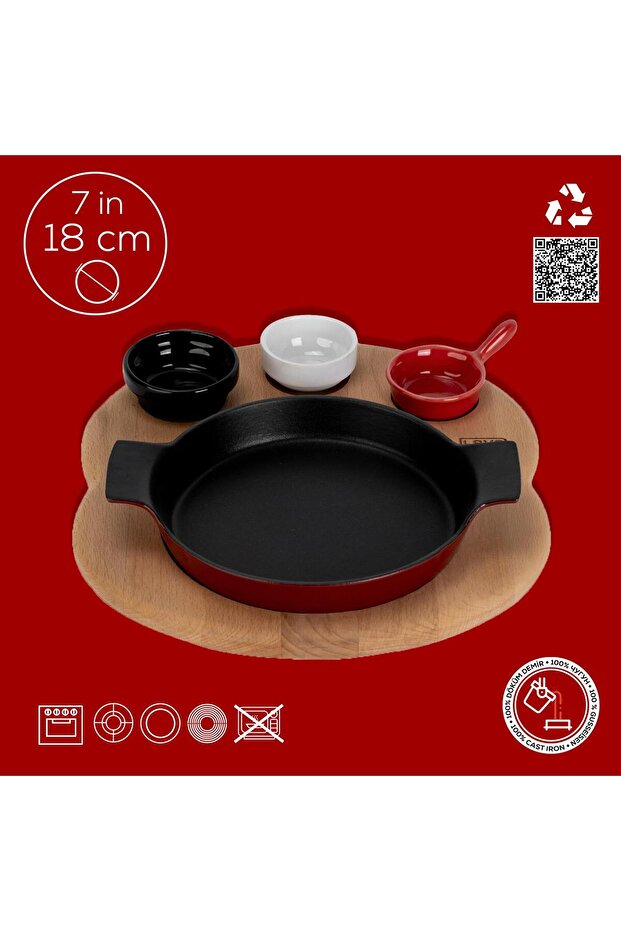 Döküm Yuvarlak Sahan Döküm Demir Yekpare Çift Kulplu Kayın Servis Ahşabı. Çap(Ø)18cm. - 4